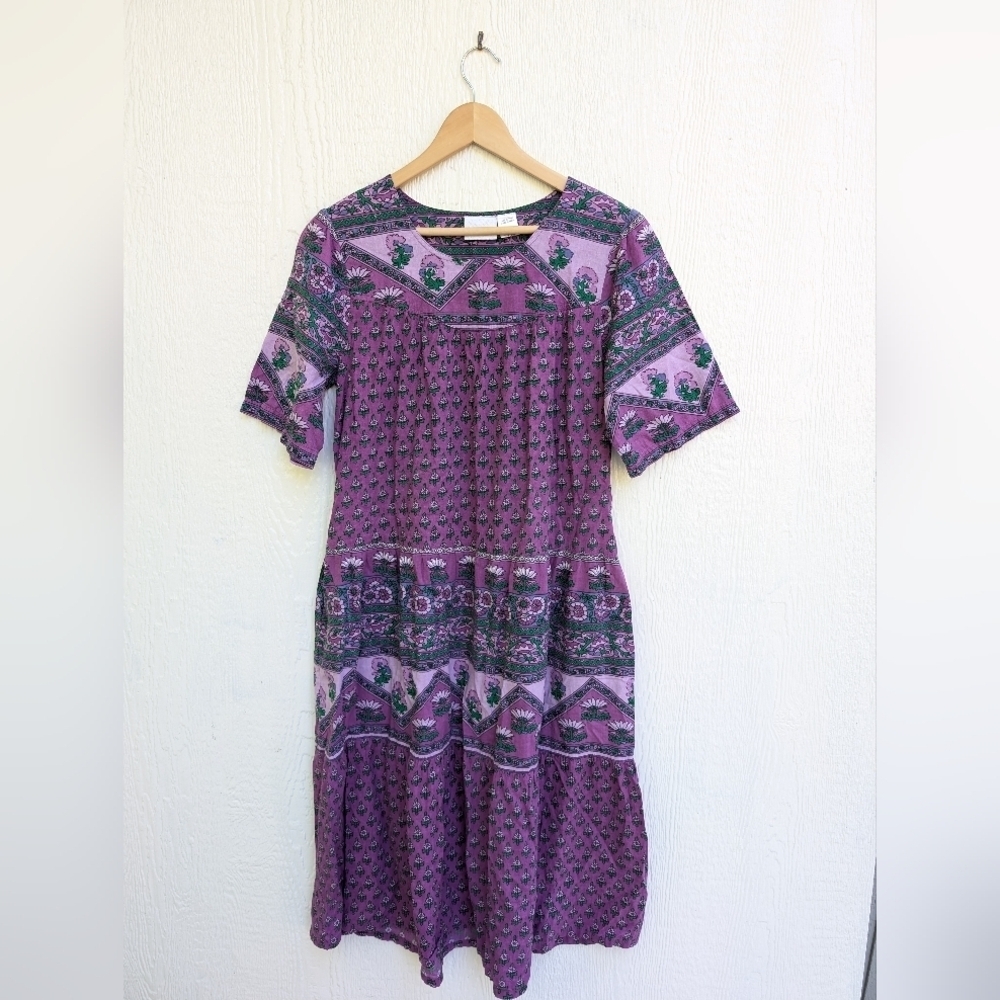 Vermont Country Store Dress Purple Cotton Patio Muumuu Pockets Housedress Small